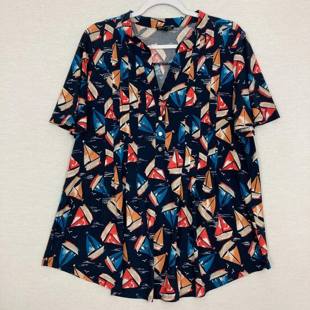 Ava &‎ Grace Blue Multi Boat Print Stretch Pintuck Popover Short Sleeve Top 1X